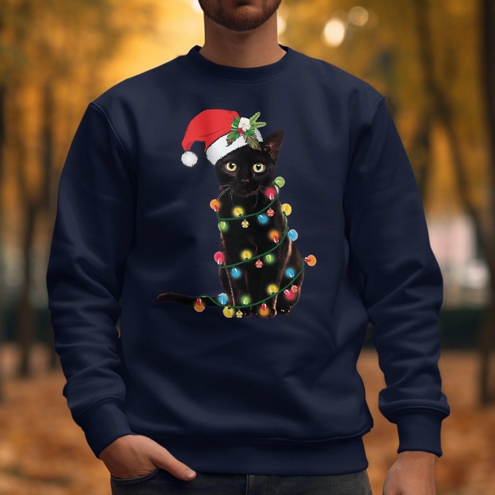 Christmas Cat Santa Hat Lights Novelty Sweatshirt Size Large - Picture 2 of 8